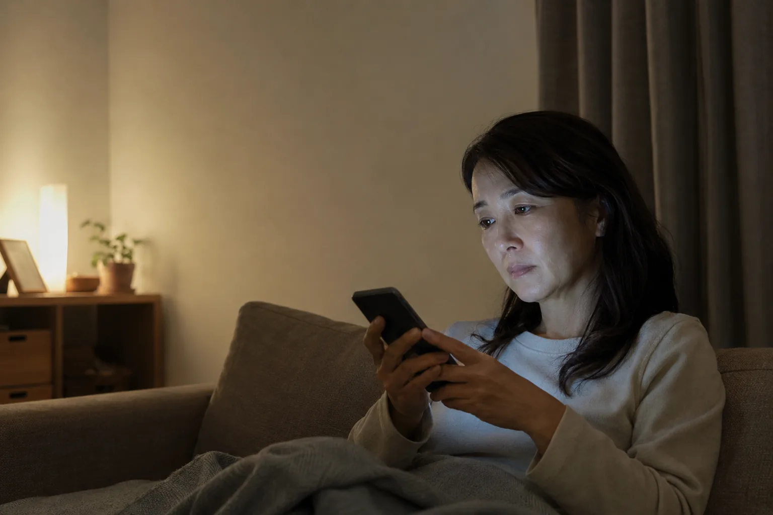 夜、スマートフォンを見ている人