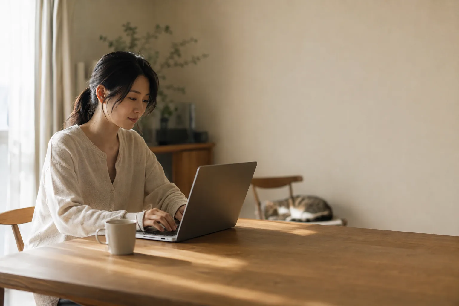 家のテーブルでノートパソコンに向かう人と、そばで眠るねこ
